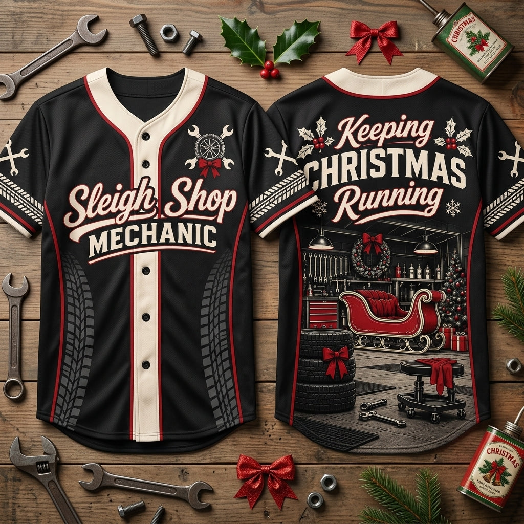 Sleigh Shop Mechanic Christmas Garage Baseball Jersey – Festive Auto Shop Gift - mockup 2