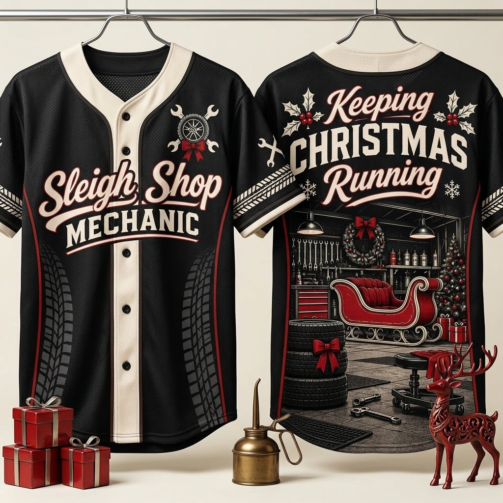 Sleigh Shop Mechanic Christmas Garage Baseball Jersey – Festive Auto Shop Gift - mockup 3