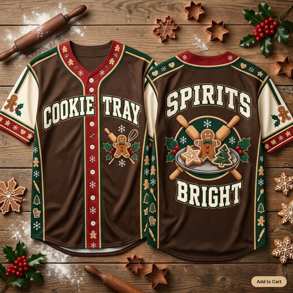 Spirits Bright Baker Christmas Cookies Baseball Jersey - Festive Holiday Apparel - mockup 2