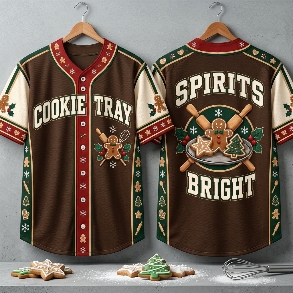 Spirits Bright Baker Christmas Cookies Baseball Jersey - Festive Holiday Apparel - mockup 3