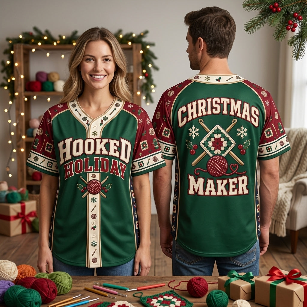 Hooked Holiday Crochet Christmas Maker Baseball Jersey – Festive Crafter Apparel - mockup 1