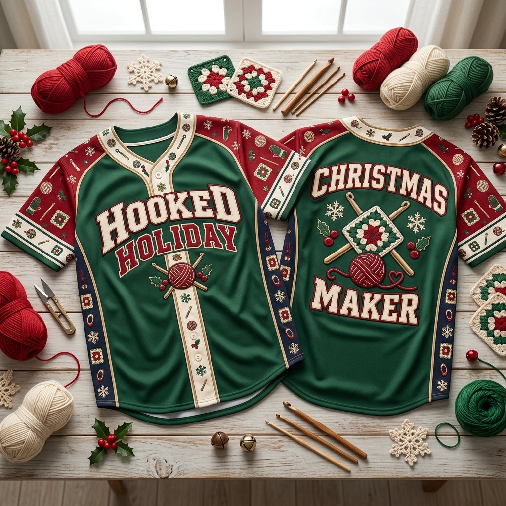 Hooked Holiday Crochet Christmas Maker Baseball Jersey – Festive Crafter Apparel - mockup 2