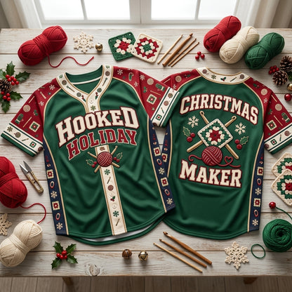 Hooked Holiday Crochet Christmas Maker Baseball Jersey – Festive Crafter Apparel - mockup 2
