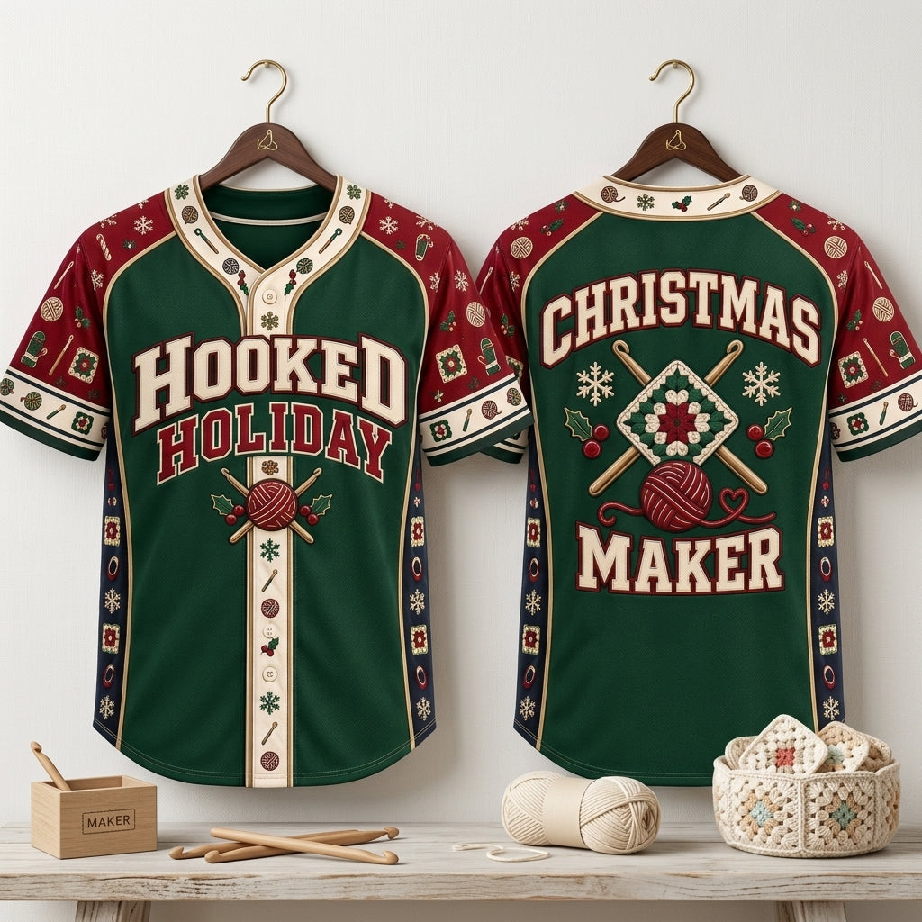 Hooked Holiday Crochet Christmas Maker Baseball Jersey – Festive Crafter Apparel - mockup 3