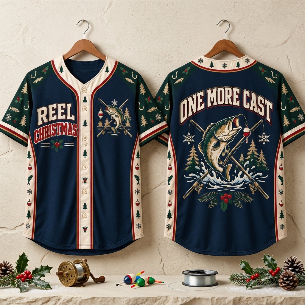 Fishing Christmas Dad Baseball Jersey – Reel Christmas One More Cast - mockup 3
