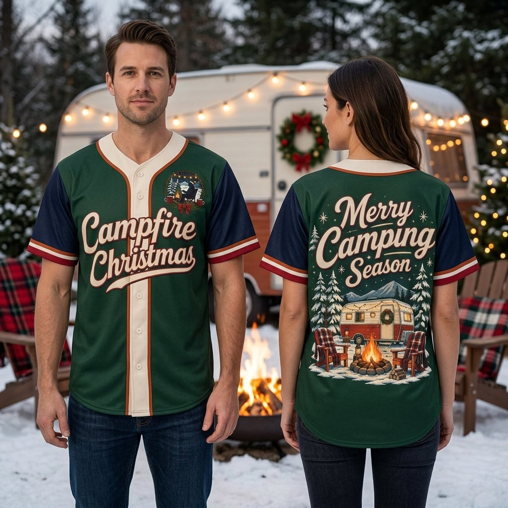 Camping Christmas Camper Baseball Jersey - Merry Camping Season Holiday Shirt - mockup 1