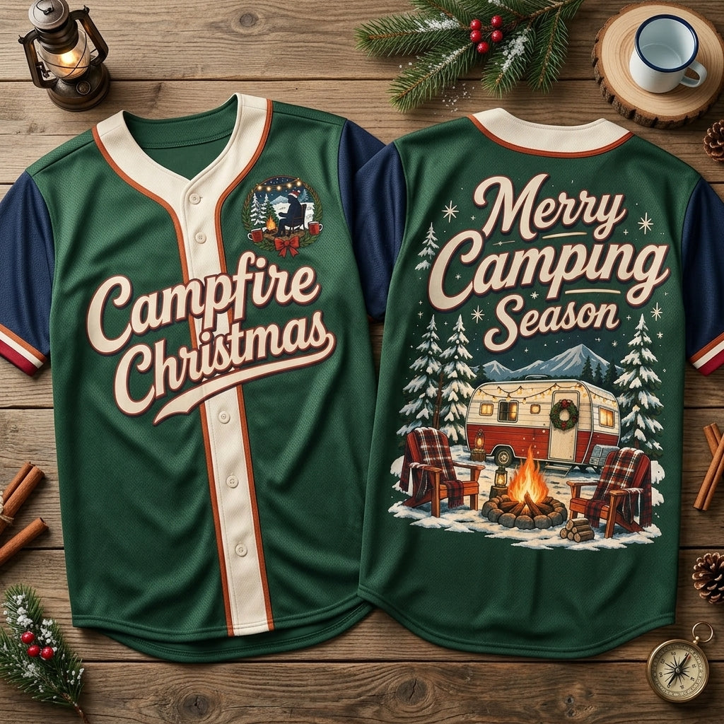 Camping Christmas Camper Baseball Jersey - Merry Camping Season Holiday Shirt - mockup 2