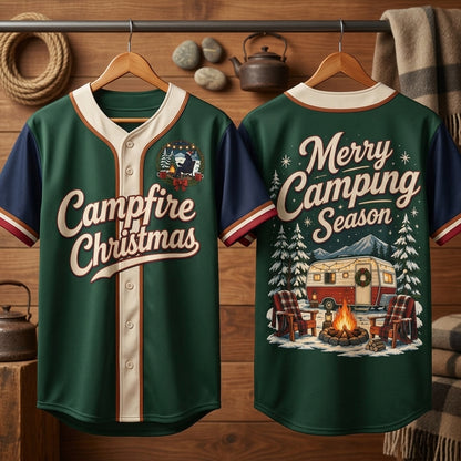 Camping Christmas Camper Baseball Jersey - Merry Camping Season Holiday Shirt - mockup 3