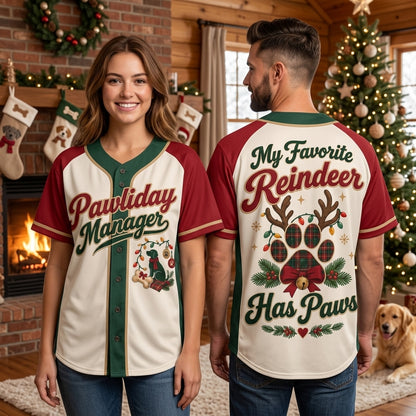 Dog Mom Christmas Pawliday Manager Baseball Jersey - My Favorite Reindeer Has Paws - mockup 1
