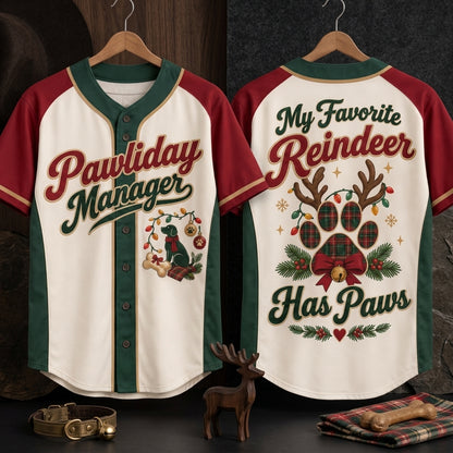 Dog Mom Christmas Pawliday Manager Baseball Jersey - My Favorite Reindeer Has Paws - mockup 3