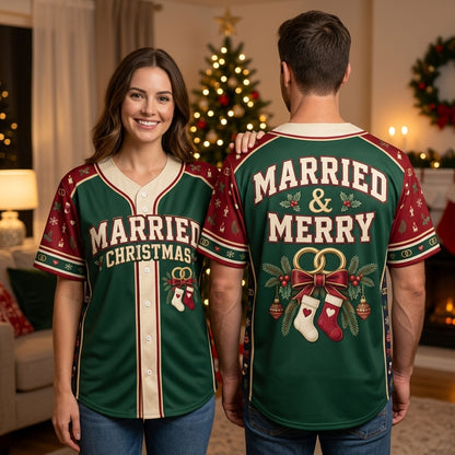 Married & Merry First Christmas Married Couple Baseball Jersey - Festive Holiday Apparel - mockup 1