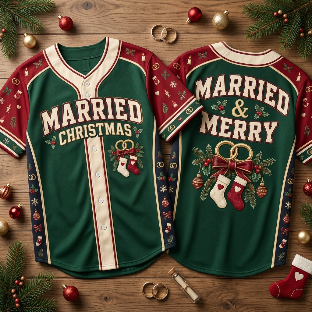 Married & Merry First Christmas Married Couple Baseball Jersey - Festive Holiday Apparel - mockup 2