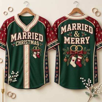 Married & Merry First Christmas Married Couple Baseball Jersey - Festive Holiday Apparel - mockup 3