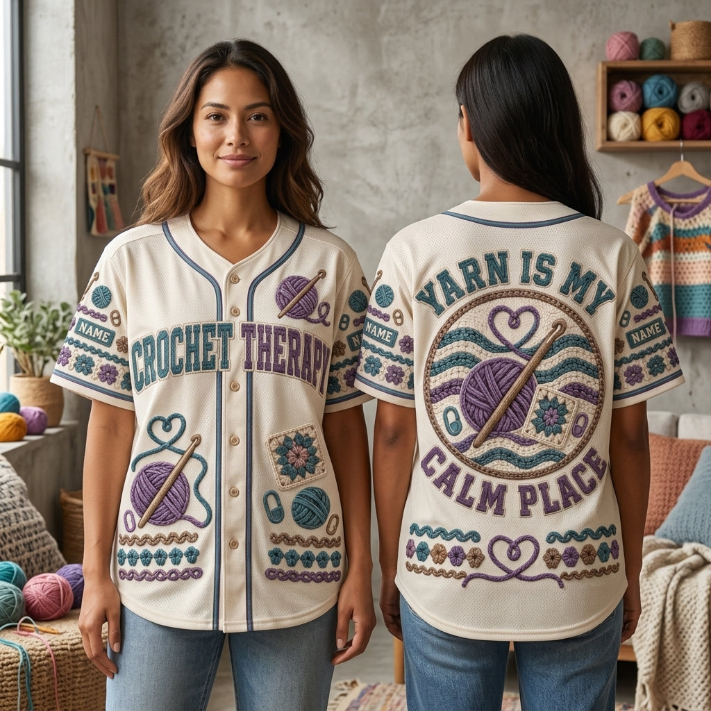 Custom Crochet Therapy Baseball Jersey - Personalized Yarn Lover Gift - mockup 1
