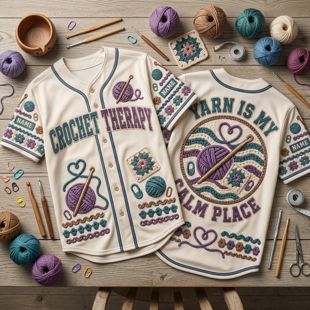Custom Crochet Therapy Baseball Jersey - Personalized Yarn Lover Gift - mockup 2