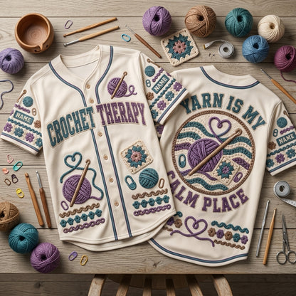 Custom Crochet Therapy Baseball Jersey - Personalized Yarn Lover Gift - mockup 2