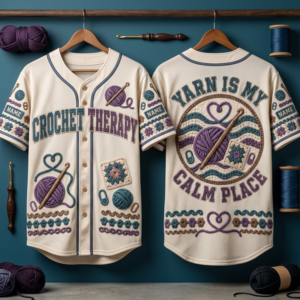 Custom Crochet Therapy Baseball Jersey - Personalized Yarn Lover Gift - mockup 3