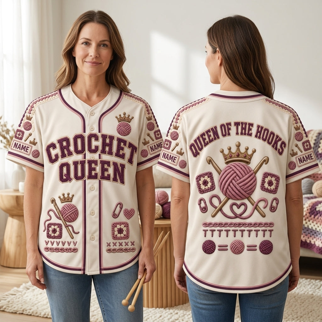 Personalized Crochet Queen Baseball Jersey - Queen of the Hooks Gift - mockup 1