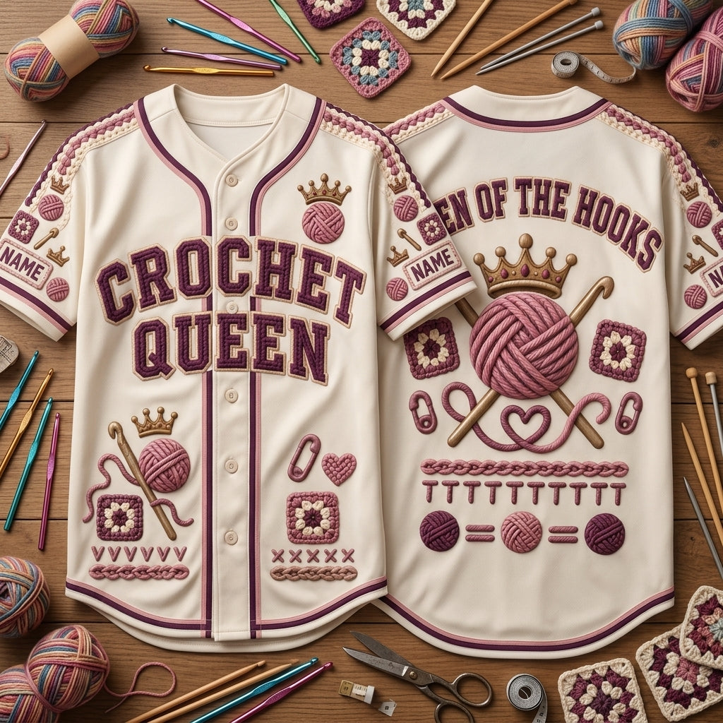 Personalized Crochet Queen Baseball Jersey - Queen of the Hooks Gift - mockup 2