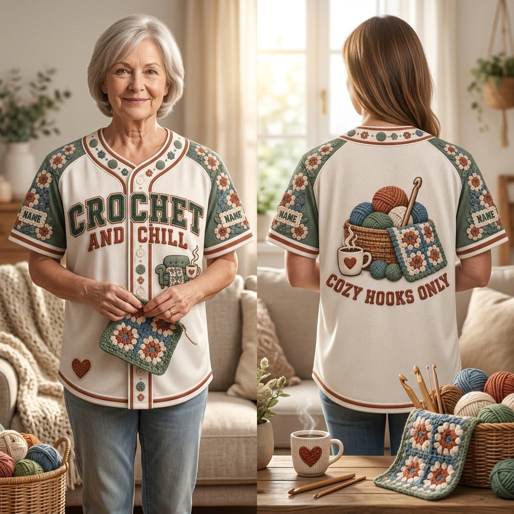 Personalized Crochet and Chill Baseball Jersey – Cozy Gift for Crafters - mockup 1