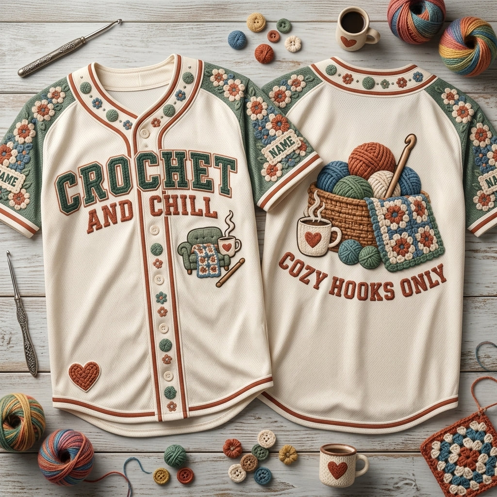 Personalized Crochet and Chill Baseball Jersey – Cozy Gift for Crafters - mockup 2