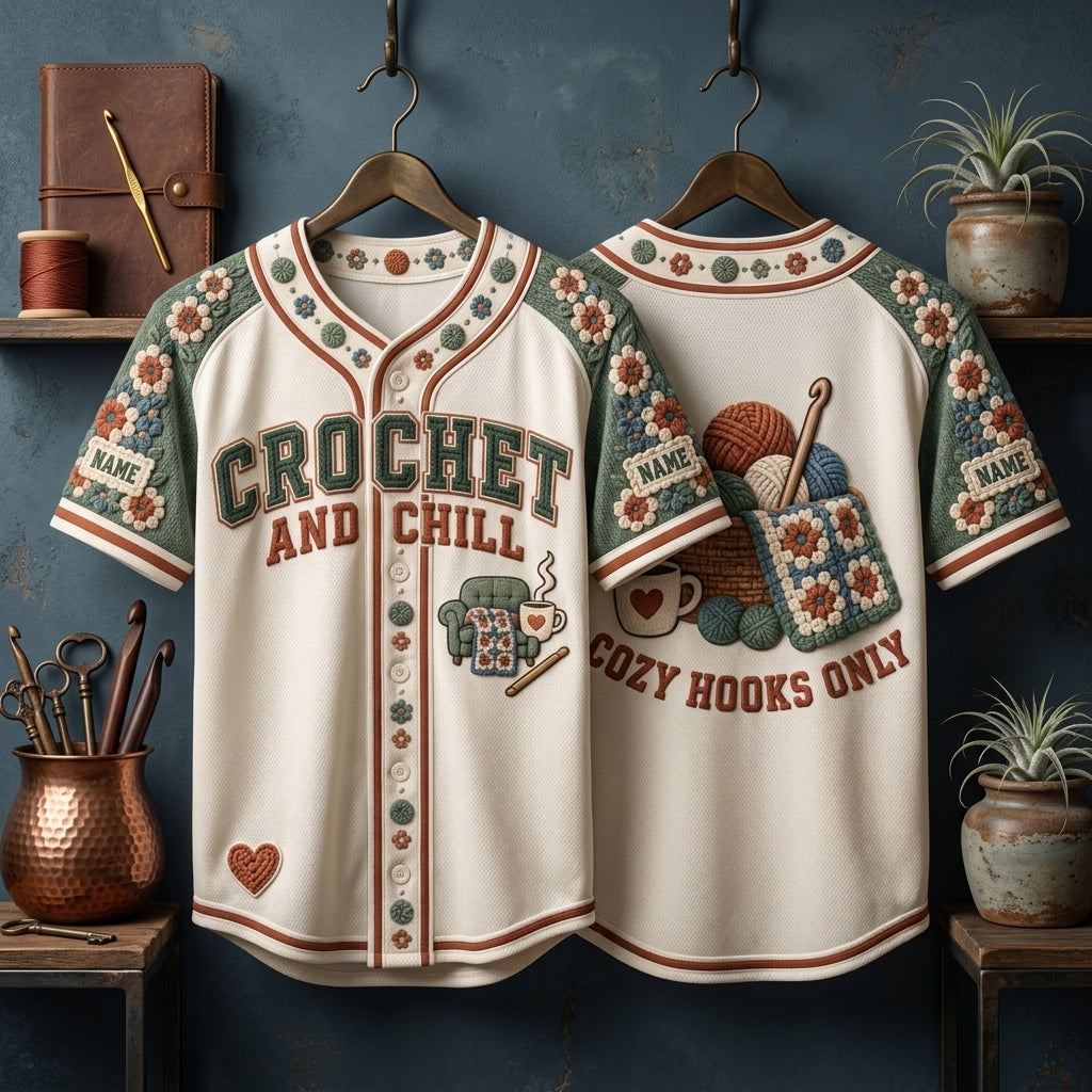 Personalized Crochet and Chill Baseball Jersey – Cozy Gift for Crafters - mockup 3