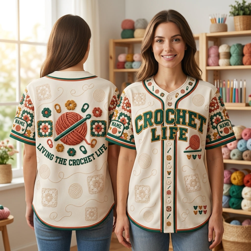 Personalized Crochet Life Baseball Jersey - Custom Yarn Artist Sportswear - mockup 1