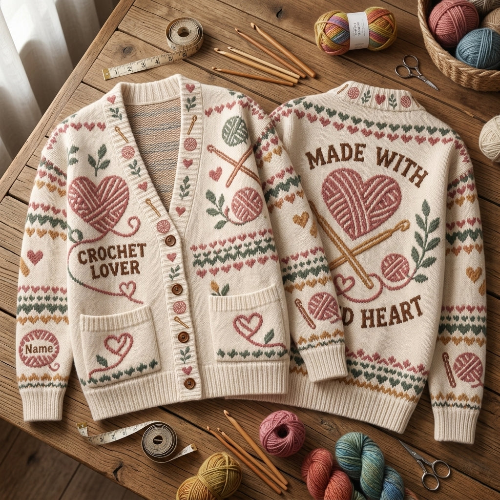 Personalized Crochet Lover Knitted Cardigan - Custom Name Crafting Gift - mockup 2