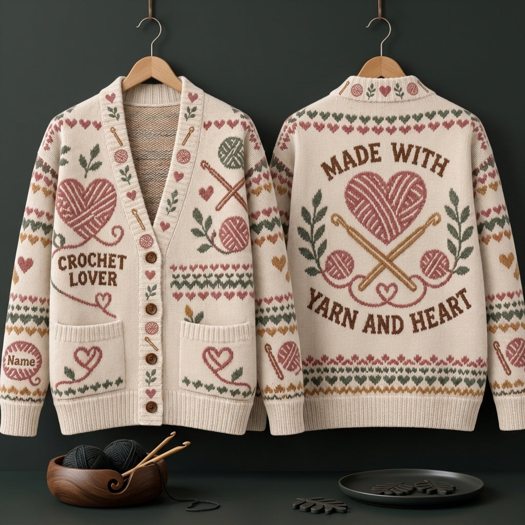 Personalized Crochet Lover Knitted Cardigan - Custom Name Crafting Gift - mockup 3