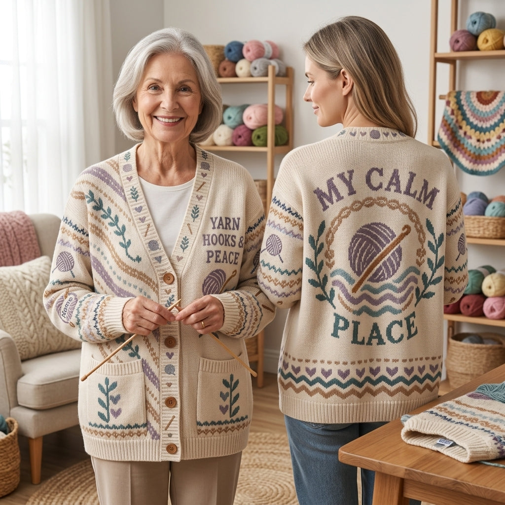 Personalized Crochet Therapy Knitted Cardigan – My Calm Place Yarn Lover Gift - mockup 1