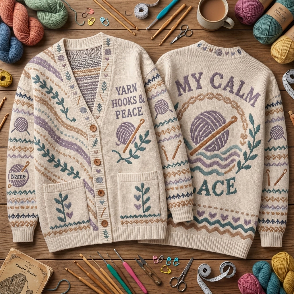 Personalized Crochet Therapy Knitted Cardigan – My Calm Place Yarn Lover Gift - mockup 2