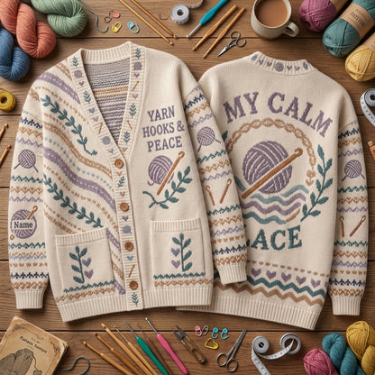 Personalized Crochet Therapy Knitted Cardigan – My Calm Place Yarn Lover Gift - mockup 2