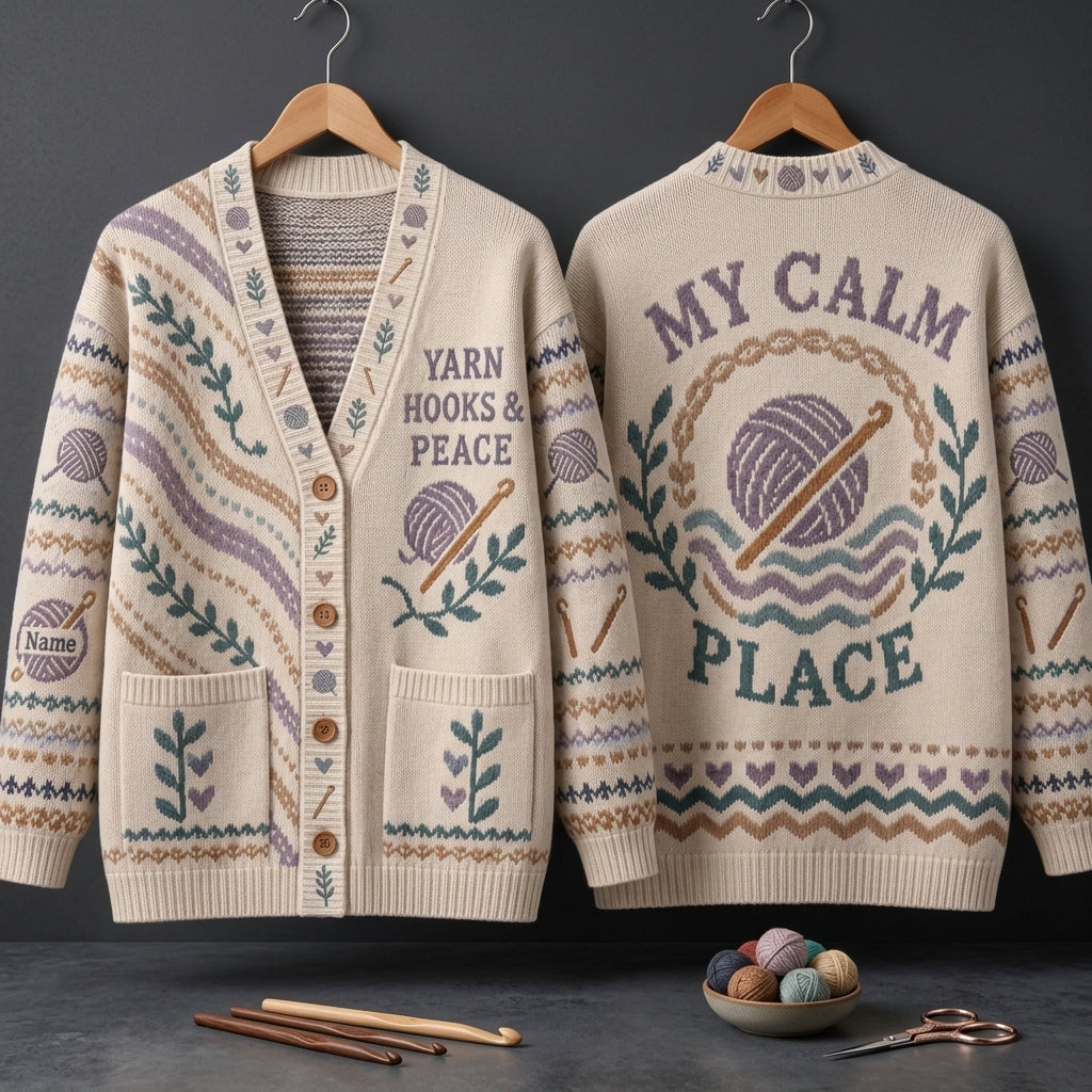 Personalized Crochet Therapy Knitted Cardigan – My Calm Place Yarn Lover Gift - mockup 3