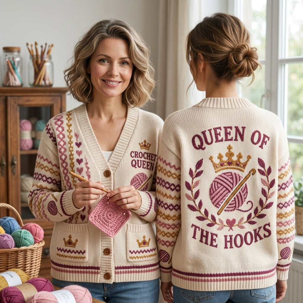 Personalized Crochet Queen Knitted Cardigan – Custom Gift for Yarn Lovers - mockup 1