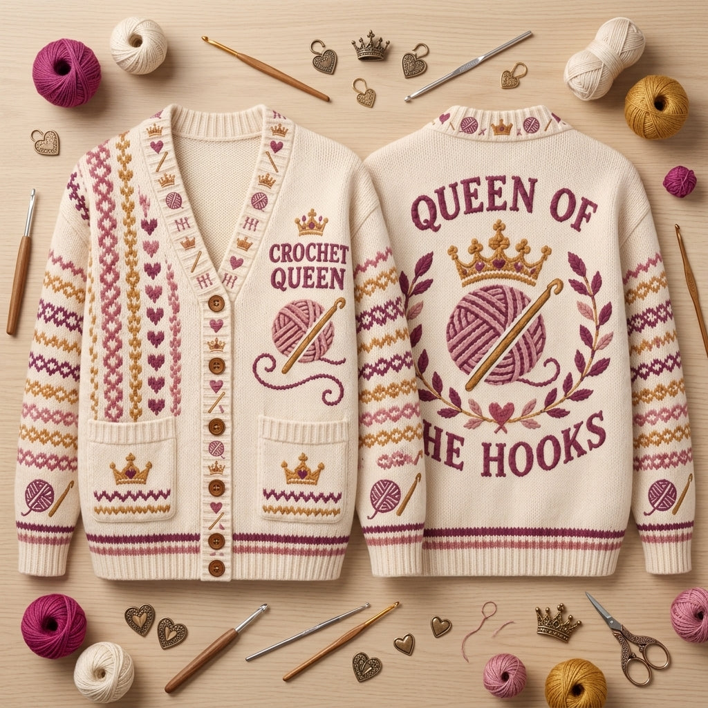 Personalized Crochet Queen Knitted Cardigan – Custom Gift for Yarn Lovers - mockup 2