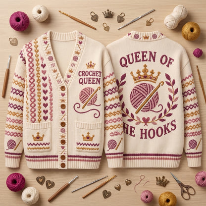 Personalized Crochet Queen Knitted Cardigan – Custom Gift for Yarn Lovers - mockup 2