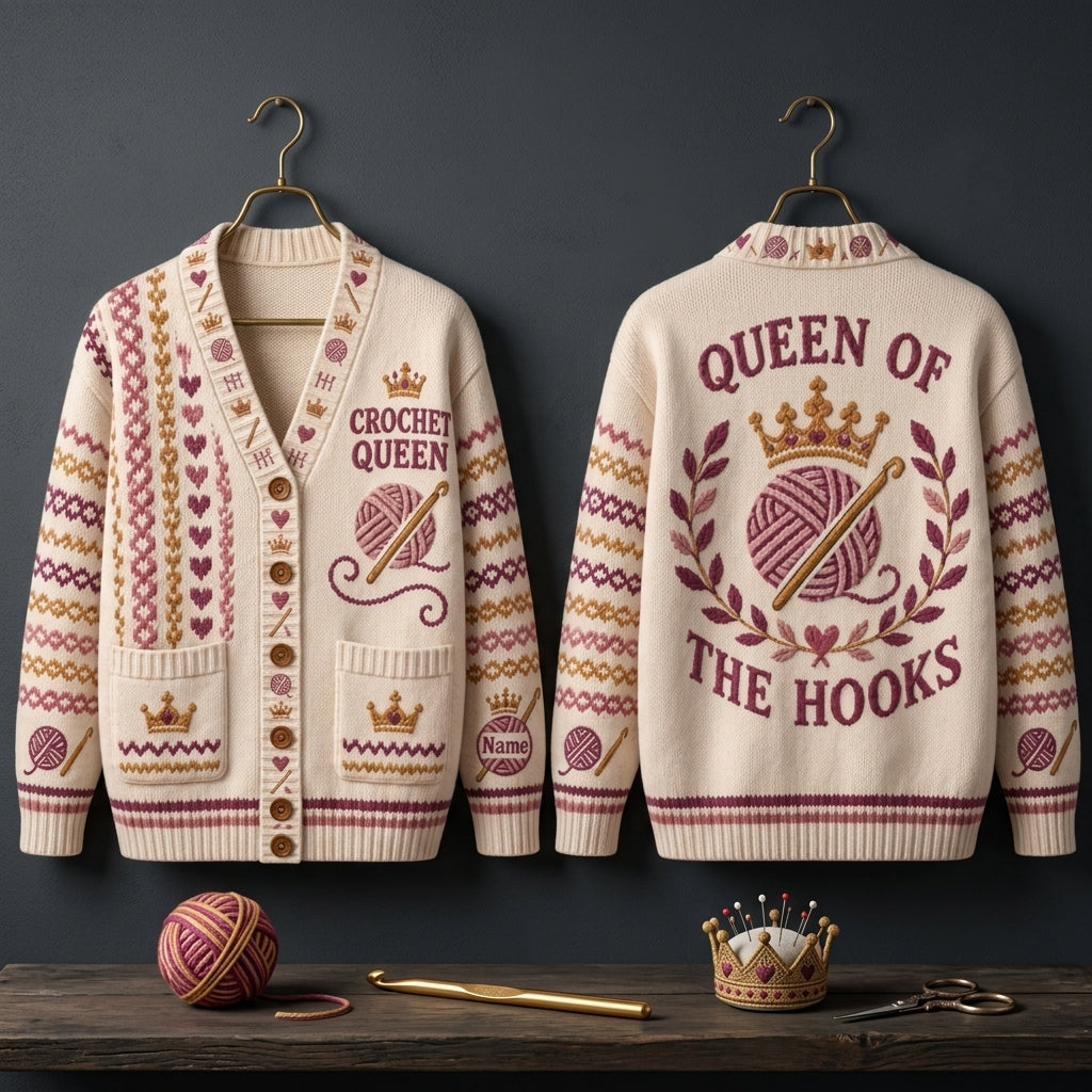 Personalized Crochet Queen Knitted Cardigan – Custom Gift for Yarn Lovers - mockup 3