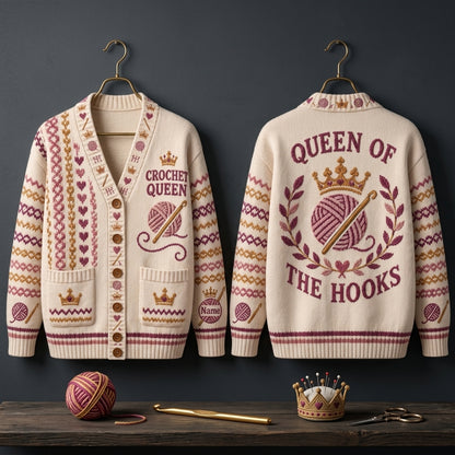 Personalized Crochet Queen Knitted Cardigan – Custom Gift for Yarn Lovers - mockup 3