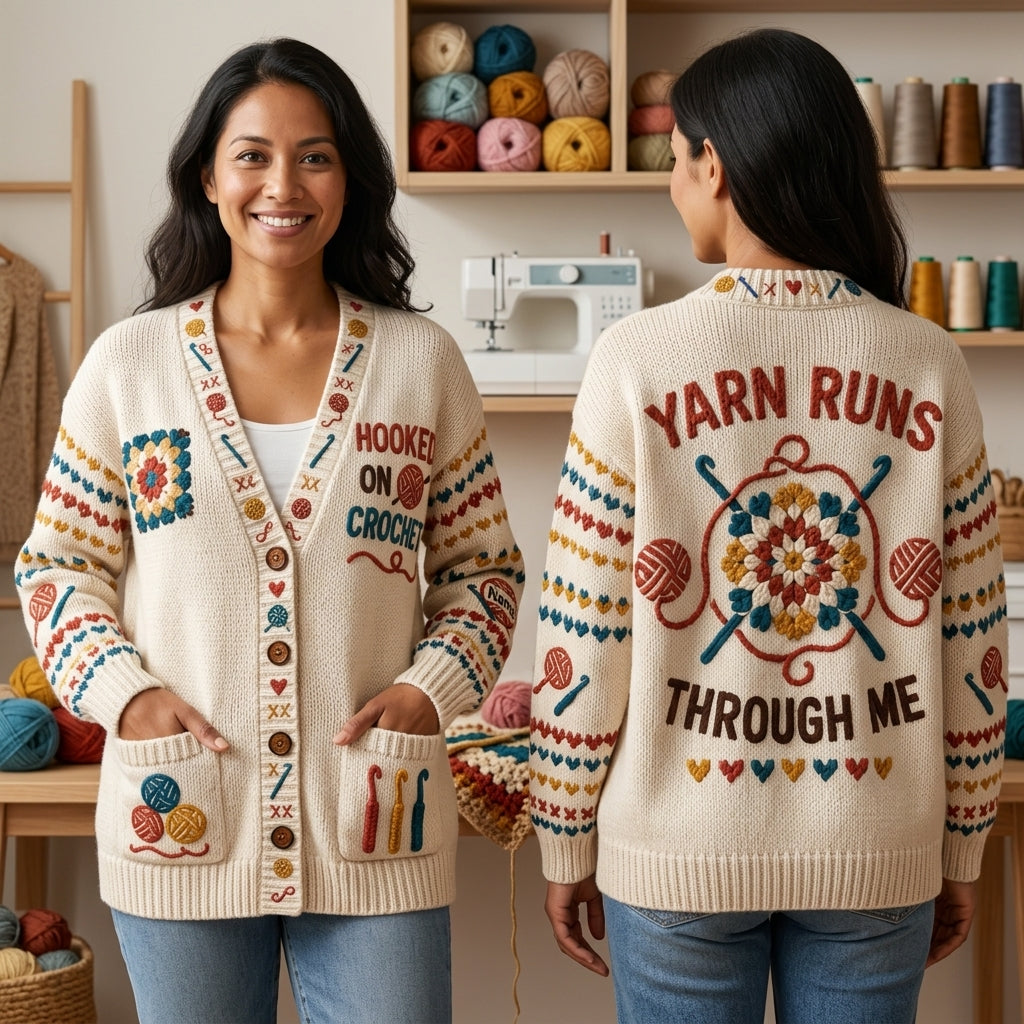 Personalized Hooked on Crochet Knitted Cardigan - Custom Yarn Lover Gift for Women - mockup 1