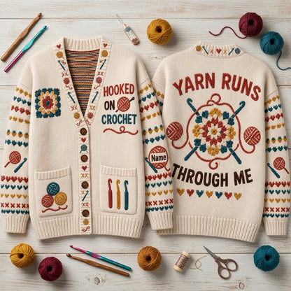 Personalized Hooked on Crochet Knitted Cardigan - Custom Yarn Lover Gift for Women - mockup 2