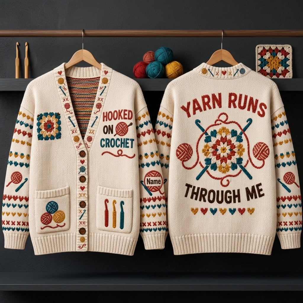 Personalized Hooked on Crochet Knitted Cardigan - Custom Yarn Lover Gift for Women - mockup 3