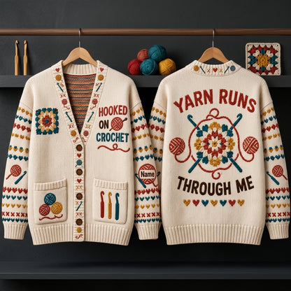 Personalized Hooked on Crochet Knitted Cardigan - Custom Yarn Lover Gift for Women - mockup 3