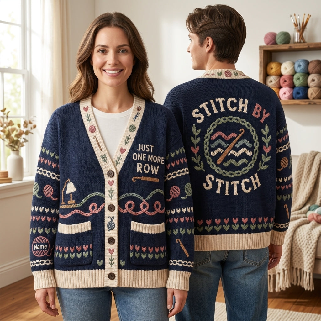 Custom Just One More Row Crochet Knitted Cardigan – Cozy Gift for Crafters - mockup 1