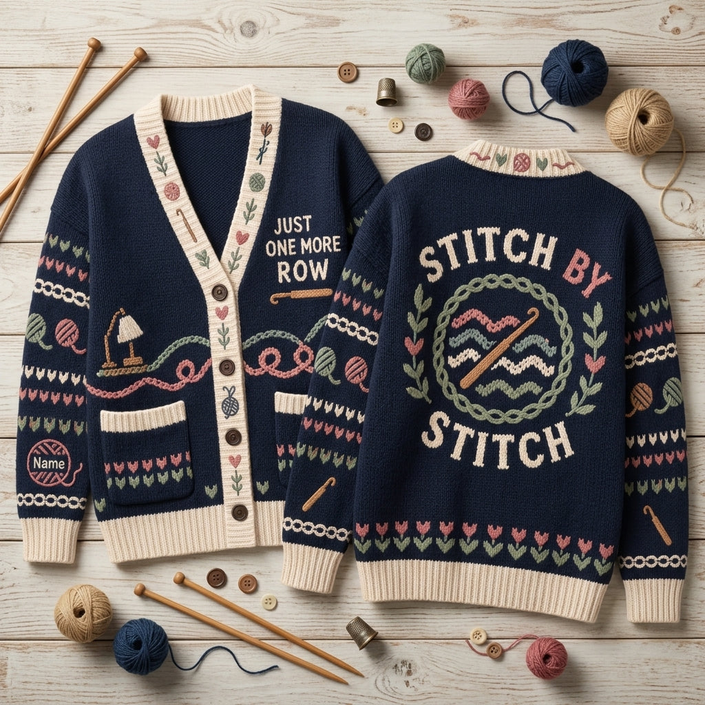 Custom Just One More Row Crochet Knitted Cardigan – Cozy Gift for Crafters - mockup 2