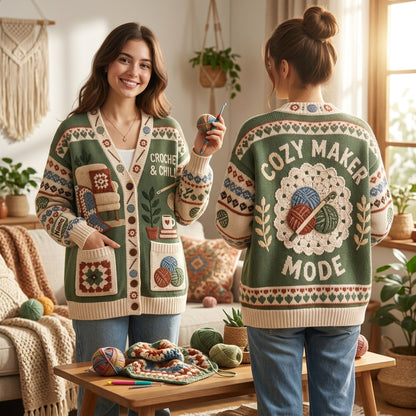 Personalized Crochet and Chill Knitted Cardigan – Cozy Maker Gift for Crafters - mockup 1