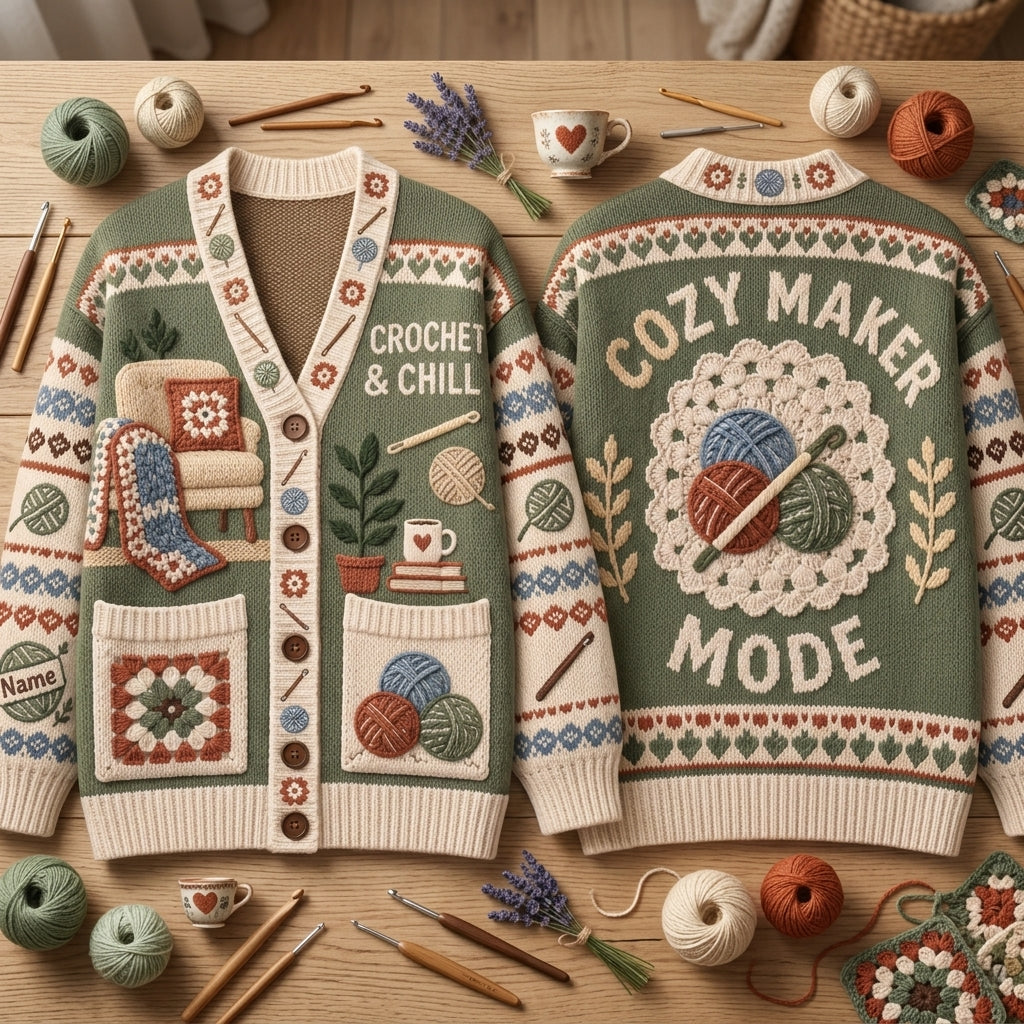 Personalized Crochet and Chill Knitted Cardigan – Cozy Maker Gift for Crafters - mockup 2