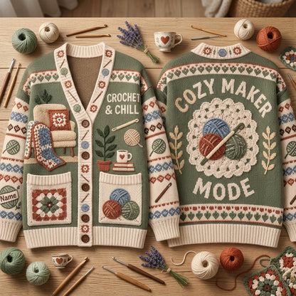 Personalized Crochet and Chill Knitted Cardigan – Cozy Maker Gift for Crafters - mockup 2