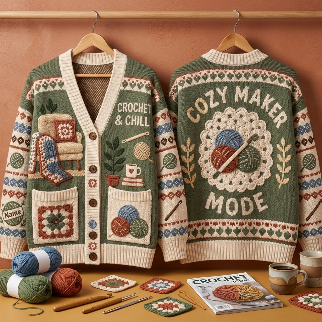 Personalized Crochet and Chill Knitted Cardigan – Cozy Maker Gift for Crafters - mockup 3