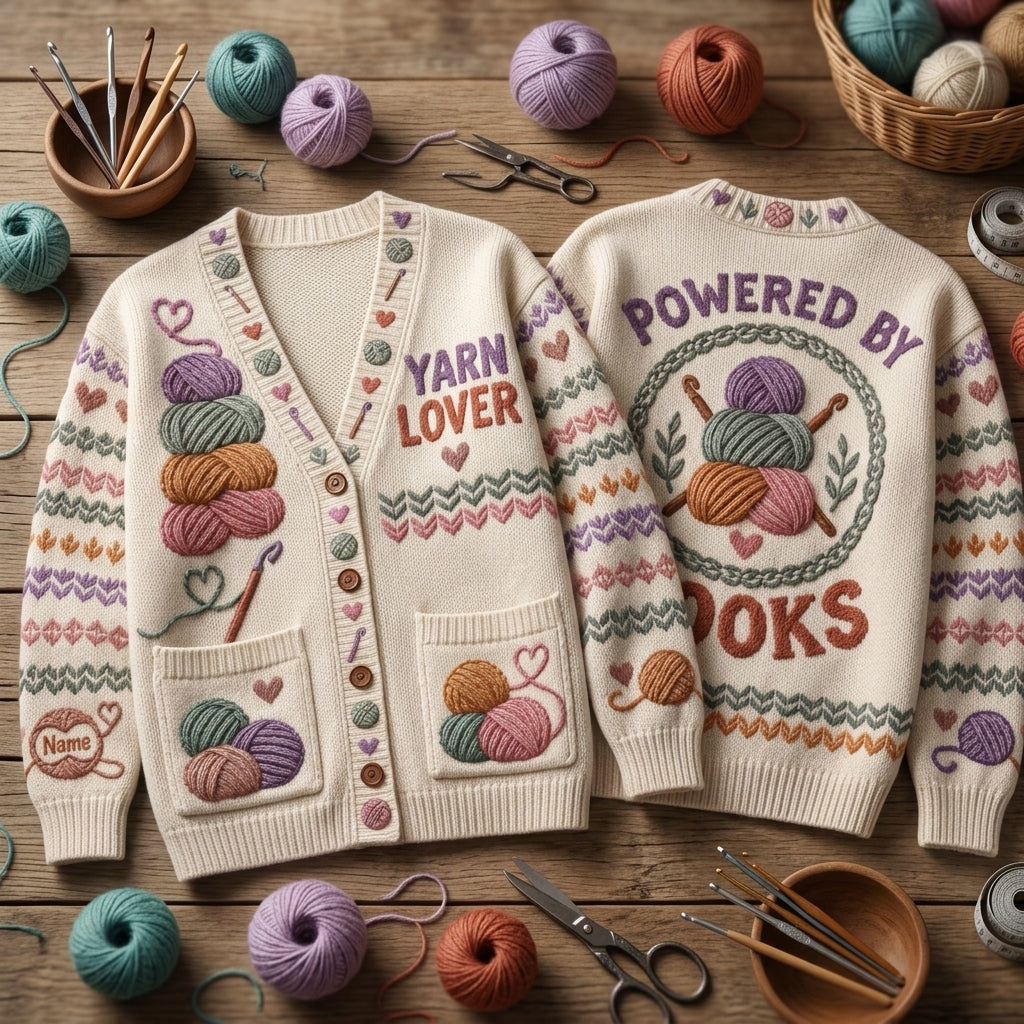 Personalized Yarn Lover Crochet Knitted Cardigan – Cozy Gift for Crafters - mockup 2