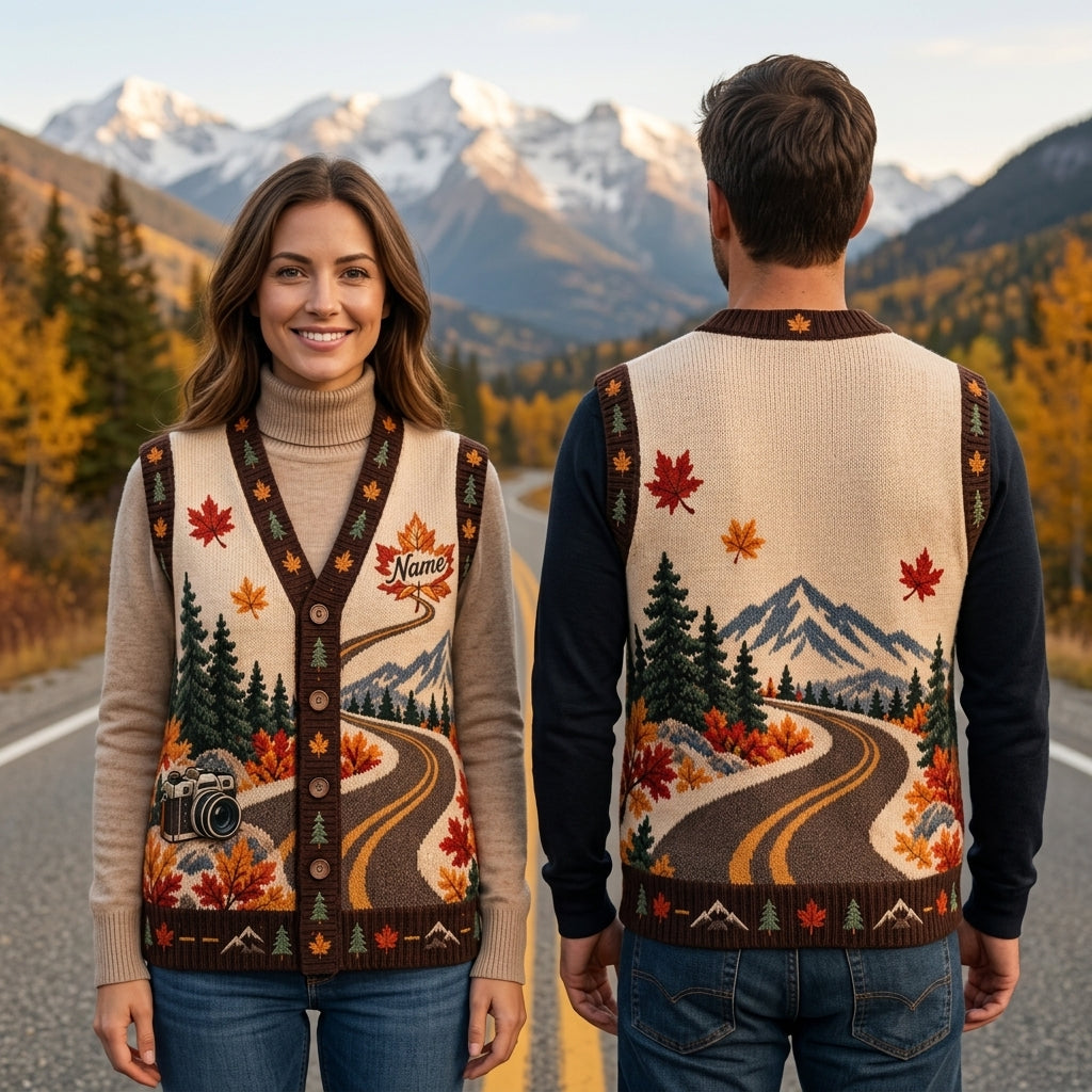 Custom Fall Leaf Peeping Road Trip Cardigan Vest - Autumn Scenic Travel Gift - mockup 1